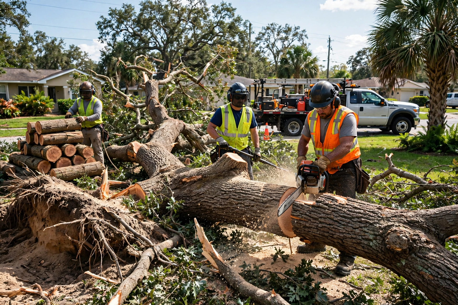 Storm-damaged live oak being removed by a tree crew in Tarpon Springs, FL
