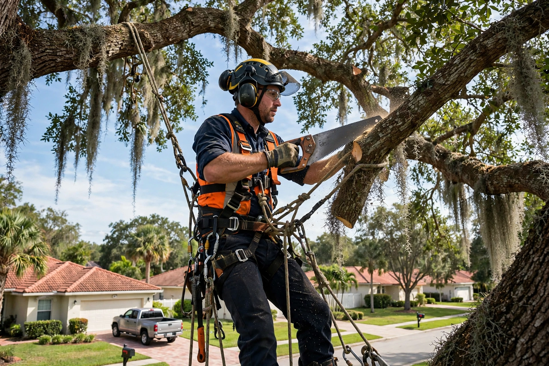 Stump grinder removing an oak stump in a Tarpon Springs, FL yard